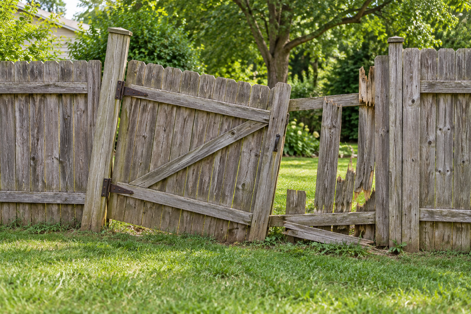 Illustration of a damaged wooden fence with a sagging gate and broken boards